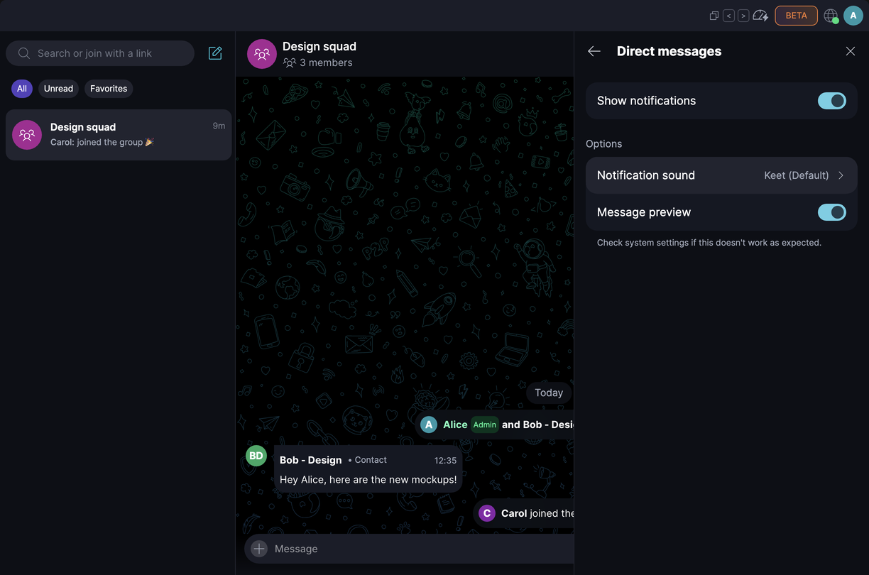 Notifications π Β· Desktop Direct messages has its own notification sound and message preview settings.