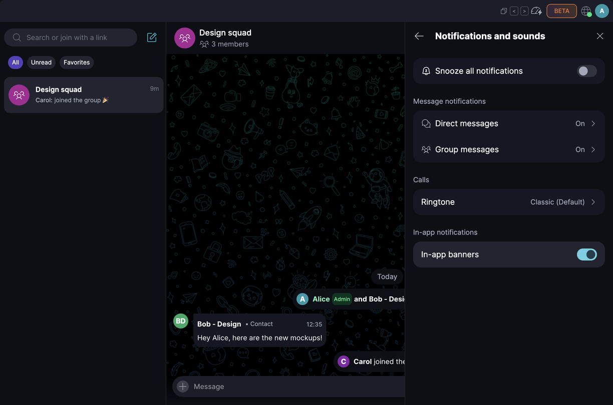 Notifications π Β· Desktop Notifications and sounds has separate settings for direct and group messages, your call ringtone, and in-app banners.