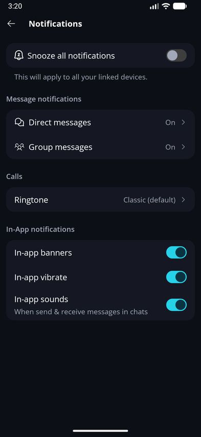 Notifications π Β· Mobile Notifications has separate settings for direct and group messages, your call ringtone, and in-app notifications.